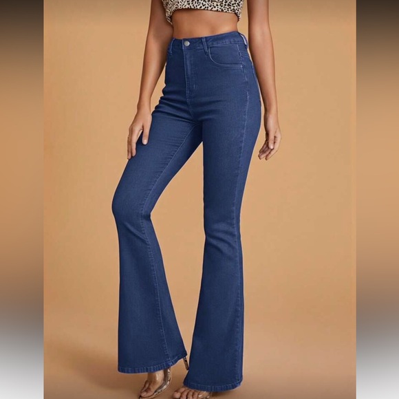 High Waisted Button Fitted Bell Bottom Light Blue - Picture 4 of 5